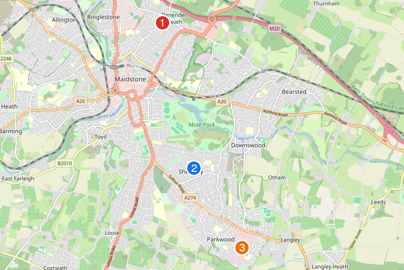 Map of Maidstone showing three numbered incident locations: Boxley Road, Cumberland Avenue / Clay Gate, and Bircholt Road / Park Wood