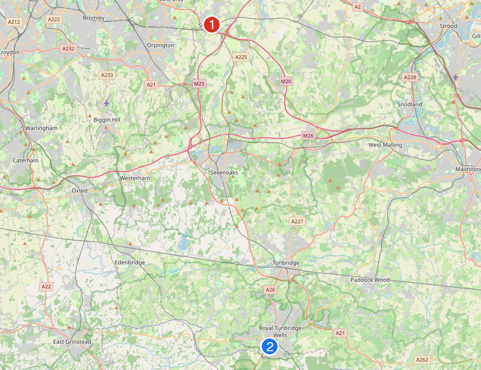Map of west Kent showing two numbered incident locations: Swanley and Royal Tunbridge Wells